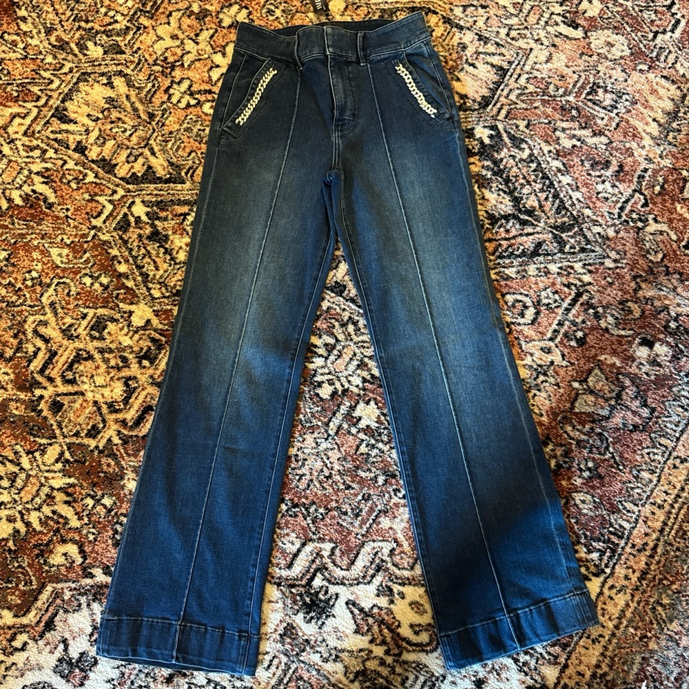 White House Black Market Dark Blue Wide-Leg Jeans with Silver/Diamond Chain Trim